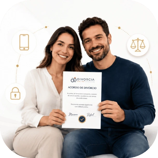 Casal segurando acordo de divórcio digital assinado
