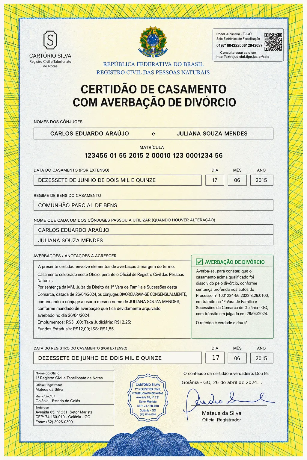 Modelo ilustrativo de certidão de casamento com averbação de divórcio