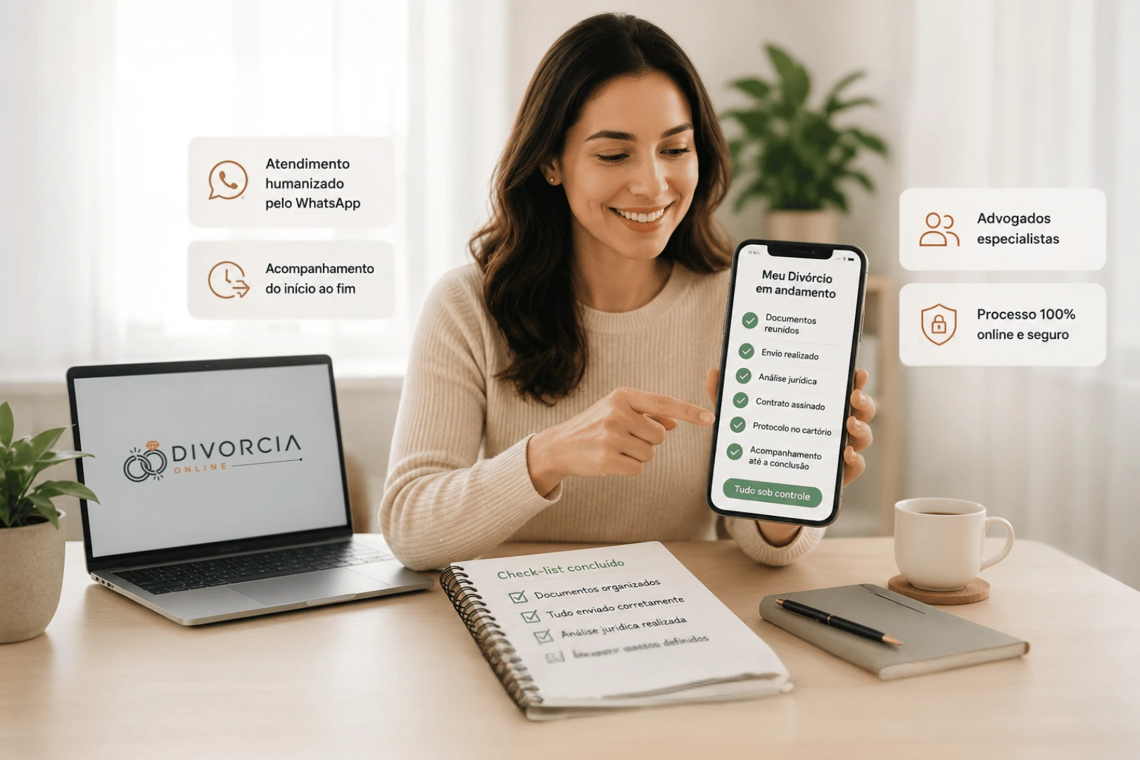 Com o Divorcia Online: pessoa tranquila com checklist no celular, atendimento organizado e acompanhamento jurídico.